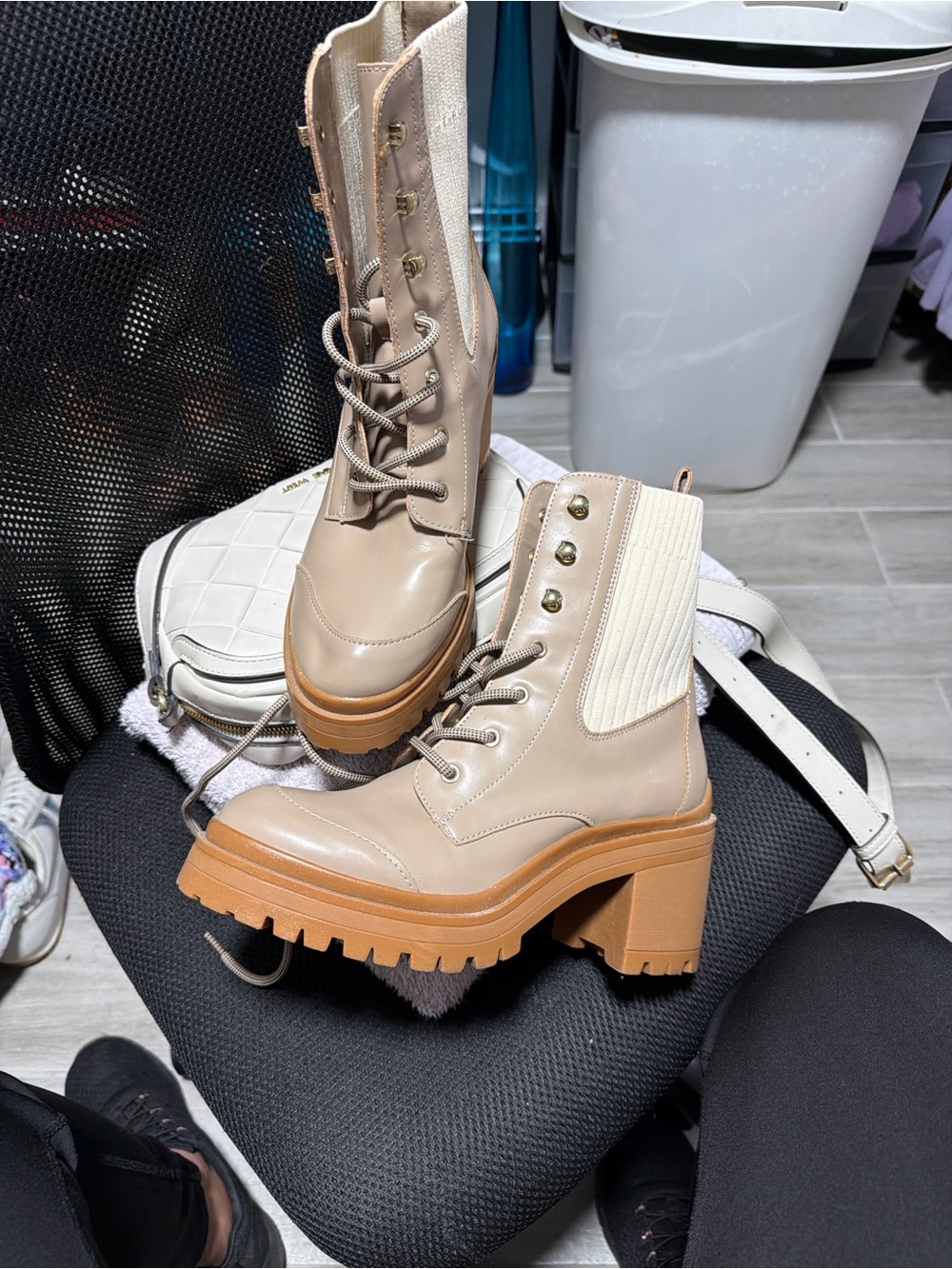 Kensie Taupe and Tan Lug Heel Combat Boots
